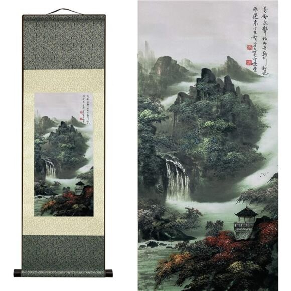 Asian Wall Decor Beautiful Silk Painting Waterfall River Landscape Painting - Picture 1 of 8